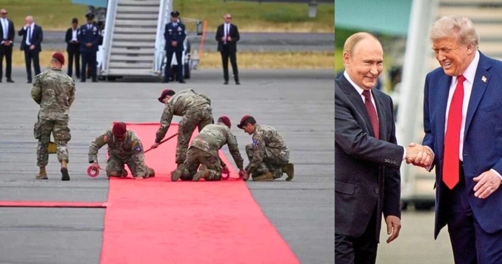 American soldiers kneeling while preparing a red carpet for Putin’s arrival in Alaska alongside Trump.