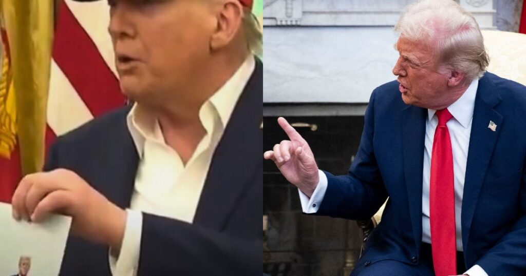 Donald Trump holding a framed photo, showing visibly swollen fingers at a White House event.