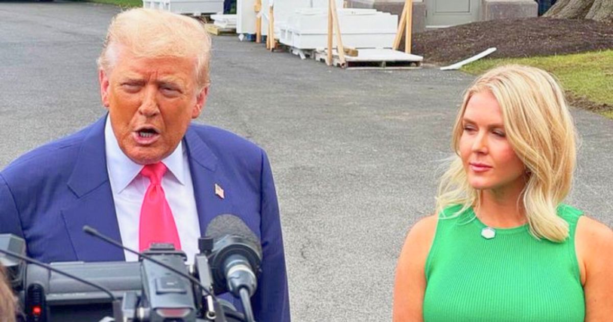 Donald Trump standing beside Karoline Leavitt, fueling speculation with his comments about her lips.