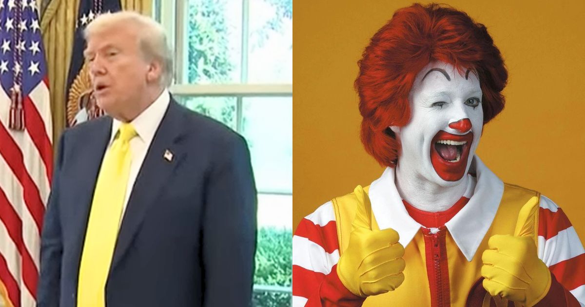 Donald Trump wearing a bright yellow tie in the Oval Office, sparking Ronald McDonald comparisons.