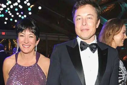 Ghislaine Maxwell and Elon Musk photographed together at the 2014 Vanity Fair Oscars party.