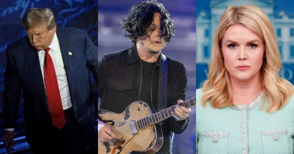 Jack White speaking at a concert with Donald Trump and Karoline Leavitt in split-screen images