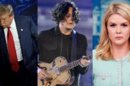 Jack White speaking at a concert with Donald Trump and Karoline Leavitt in split-screen images