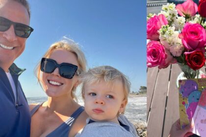 Karoline Leavitt smiles with her husband Nicholas Riccio and their baby in a sunny beach selfie.