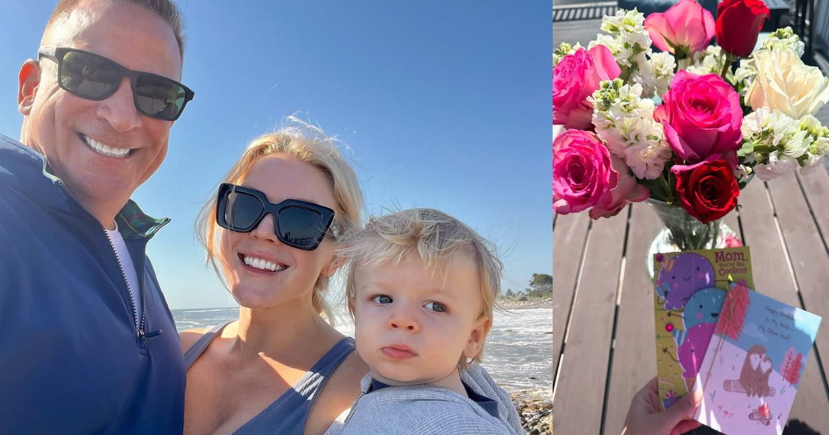 Karoline Leavitt smiles with her husband Nicholas Riccio and their baby in a sunny beach selfie.