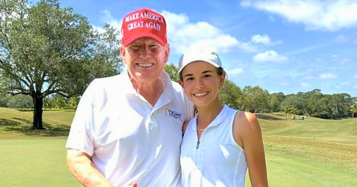 Donald Trump in a white polo shirt and red MAGA cap golfing in Virginia with his grandchildren.