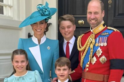 Prince William and Kate Middleton with Prince George, Princess Charlotte, and Prince Louis during a public appearance at Windsor Castle.
