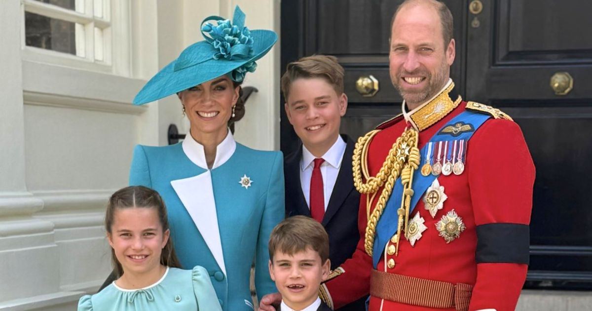 Prince William and Kate Middleton with Prince George, Princess Charlotte, and Prince Louis during a public appearance at Windsor Castle.