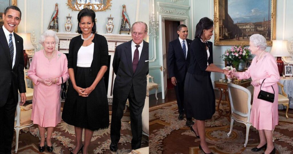 R (From left) Barack Obama, Queen Elizabeth II, Michelle Obama, and Prince Philip and Barack Obama and Michelle greeting Queen Elizabeth (L) (Credits: both images from @keithboykin|X).
