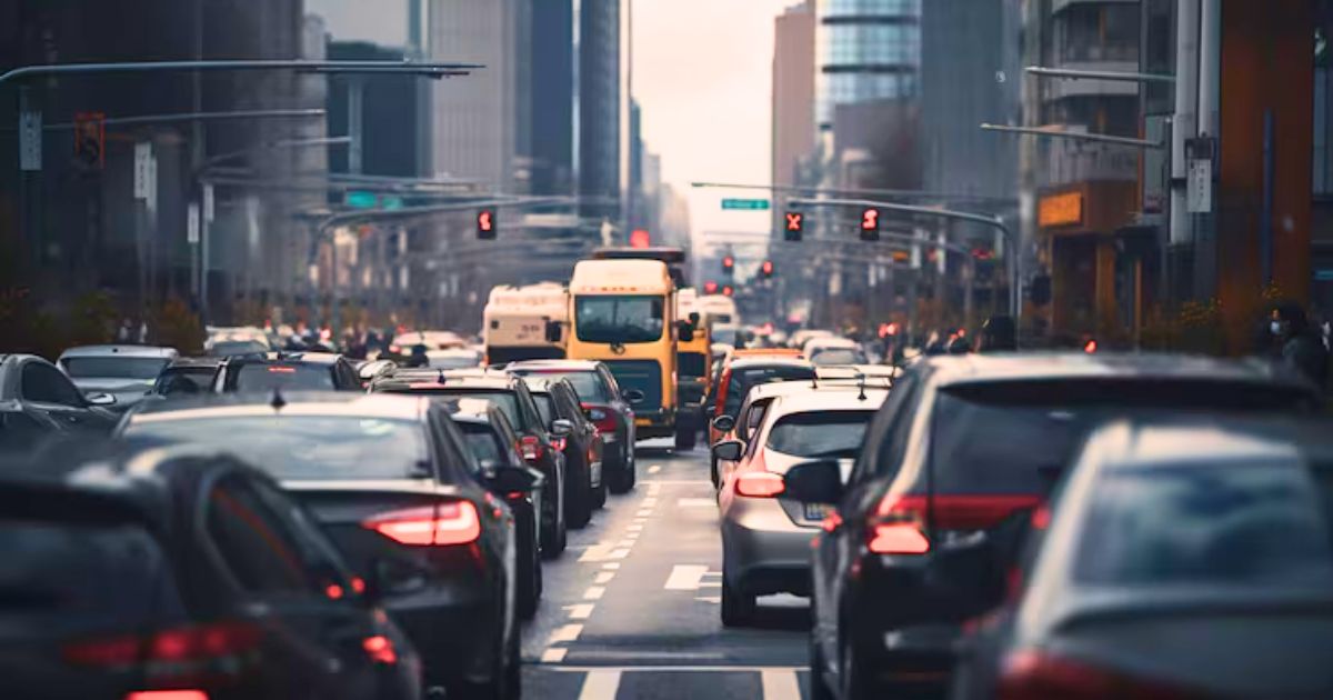 Traffic scene with cars lined up