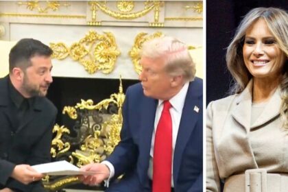 Volodymyr Zelenskyy with Donald Trump at the White House (Image Source: X/@RealJakeBroe) and Melania Trump (Image via Wikimedia Commons/Marc Nozell)