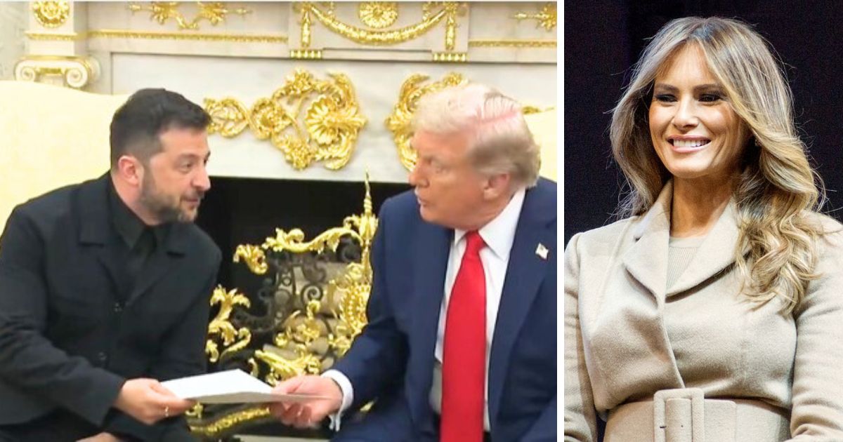 Volodymyr Zelenskyy with Donald Trump at the White House (Image Source: X/@RealJakeBroe) and Melania Trump (Image via Wikimedia Commons/Marc Nozell)