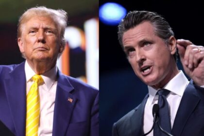 Donald Trump (via Flickr) and Gavin Newsom (via Wikimedia Commons).