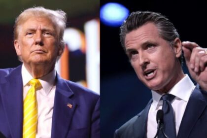 Donald Trump (via Flickr) and Gavin Newsom (via Wikimedia Commons).