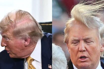 Donald Trump struggling to hide his receding hairline. ( left- @MeidasTouch|X) and (@AlecLuhn|X).