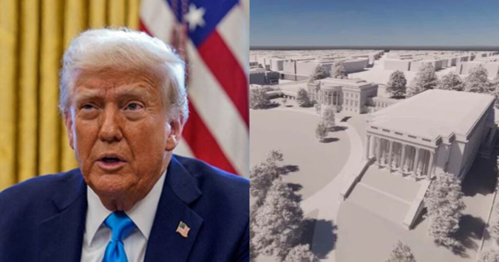 Donald Trump's 90,000-square-foot ballroom is expected to be twice the size of the main White House structure. (left- @ani_digital|X.com) and (right-@RpsAgainstTrump|X.com).