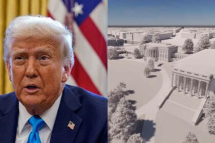 Donald Trump's 90,000-square-foot ballroom is expected to be twice the size of the main White House structure. (left- @ani_digital|X.com) and (right-@RpsAgainstTrump|X.com).