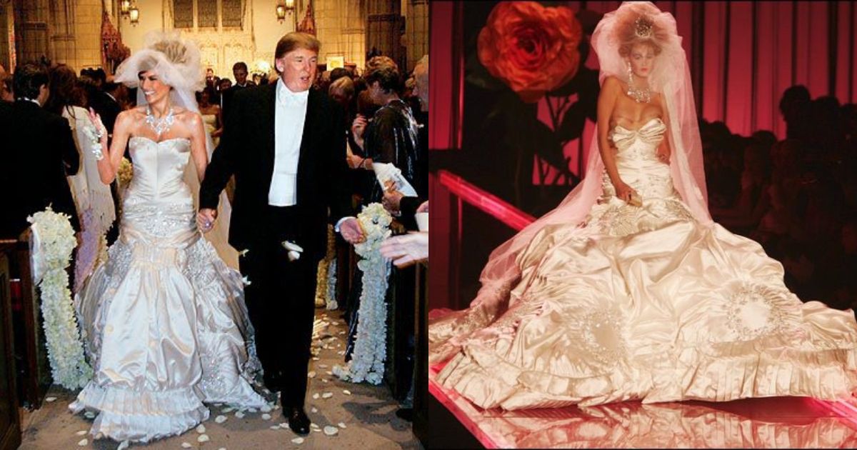 Donald Tump and Melania during their wedding in 2005. (left- @CforCatholics|X.com) and (@LaModeUnknown|X.com).