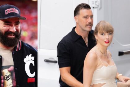 Jason Kelce (L) – @Daily_Chiefs | X, and Travis Kelce with Taylor Swift (R) – @tswifterastour | X.