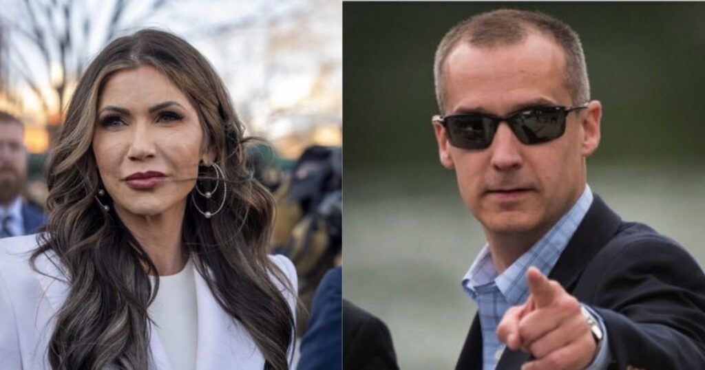 Kristi Noem and Corey Lewandowski. ( left- @TuckerCNews|X). and ( right- @Olivianuzzi|X).