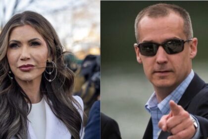 Kristi Noem and Corey Lewandowski. ( left- @TuckerCNews|X). and ( right- @Olivianuzzi|X).