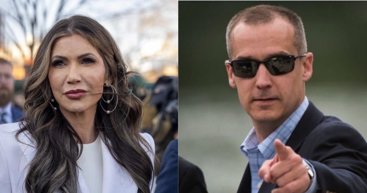 Kristi Noem and Corey Lewandowski. ( left- @TuckerCNews|X). and ( right- @Olivianuzzi|X).