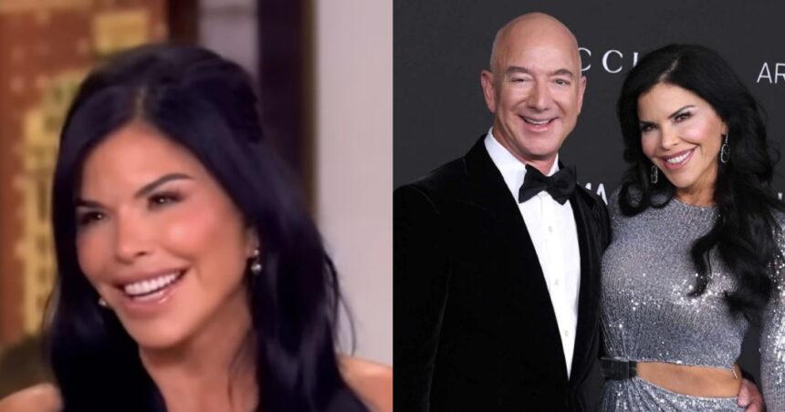Lauren Sanchez on The View (L) - via The View|YouTube) and with her husband Jeff Bezos (R)- @_MLFootball|X.