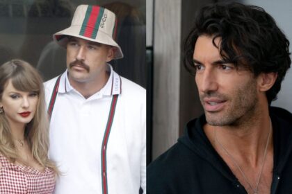 Taylor Swift and Travis Kelce (L), Justin Baldoni (R)