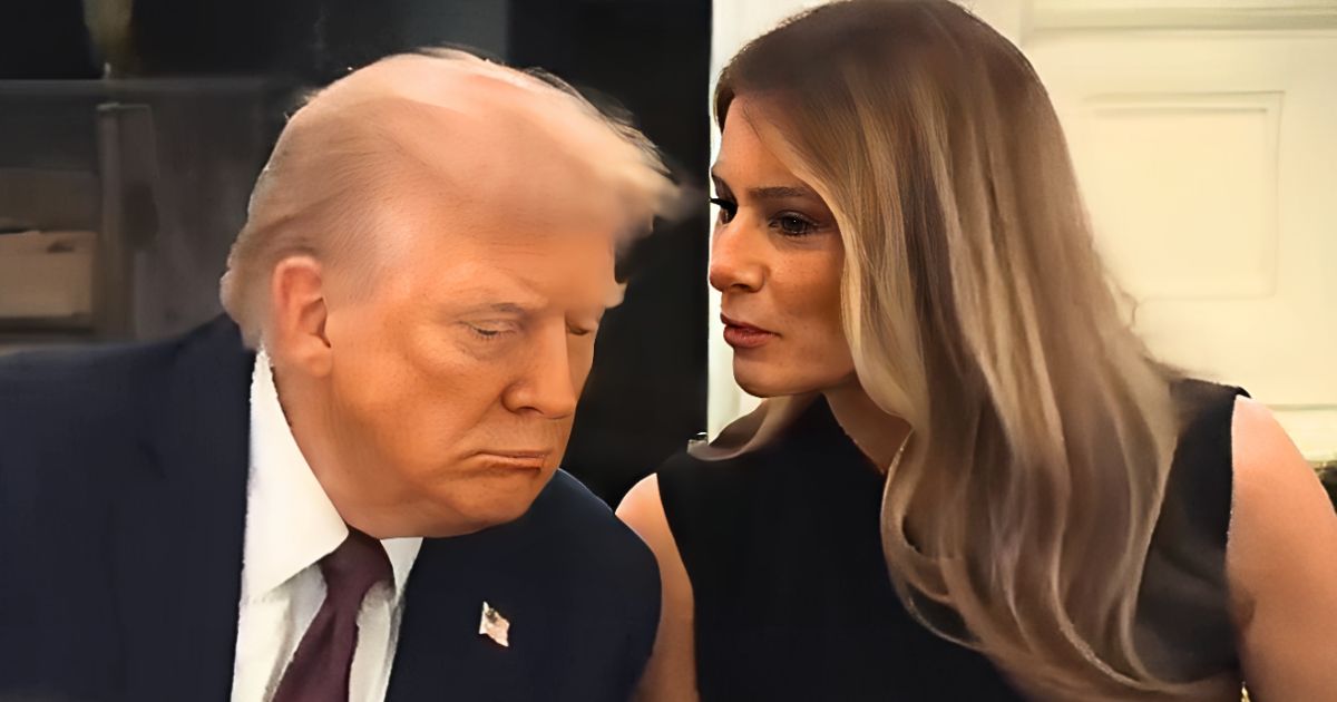 Melania Trump leans in to repeat a reporter’s question to President Trump during a White House dinner.