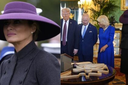 Melania Trump with the royal ladies sporting her zombie- like hat in the U.K. (left- @KevinK_EA|X) and (right-@AbuAliEnglishB1|X).