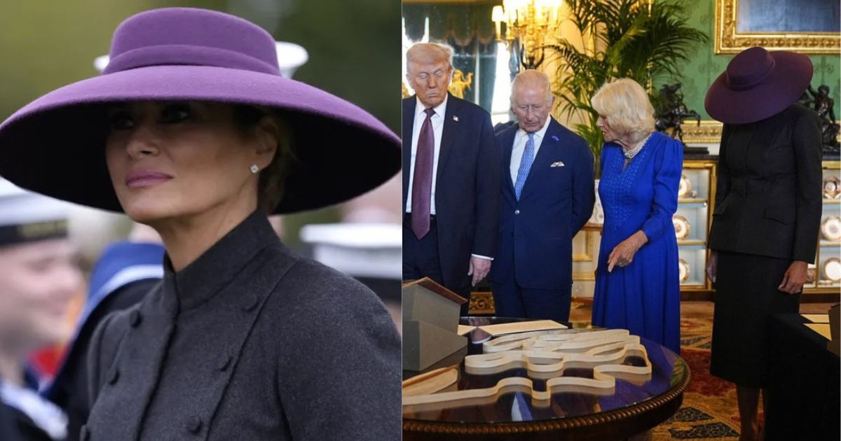 Melania Trump with the royal ladies sporting her zombie- like hat in the U.K. (left- @KevinK_EA|X) and (right-@AbuAliEnglishB1|X).