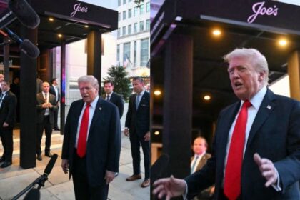 President Donald Trump at Joe’s Seafood, Prime Steak, and Stone Crab in Washington D.C. (left- @JohnCremeansX) and (right- @Ella1987210|X).