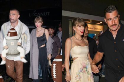 Taylor Swift (@your_vinylshelf|X.com) and Travis Kelce (@kelcebrothers|X.com).