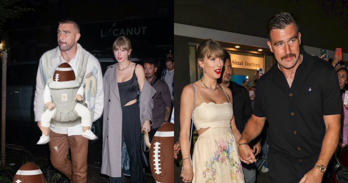 Taylor Swift (@your_vinylshelf|X.com) and Travis Kelce (@kelcebrothers|X.com).