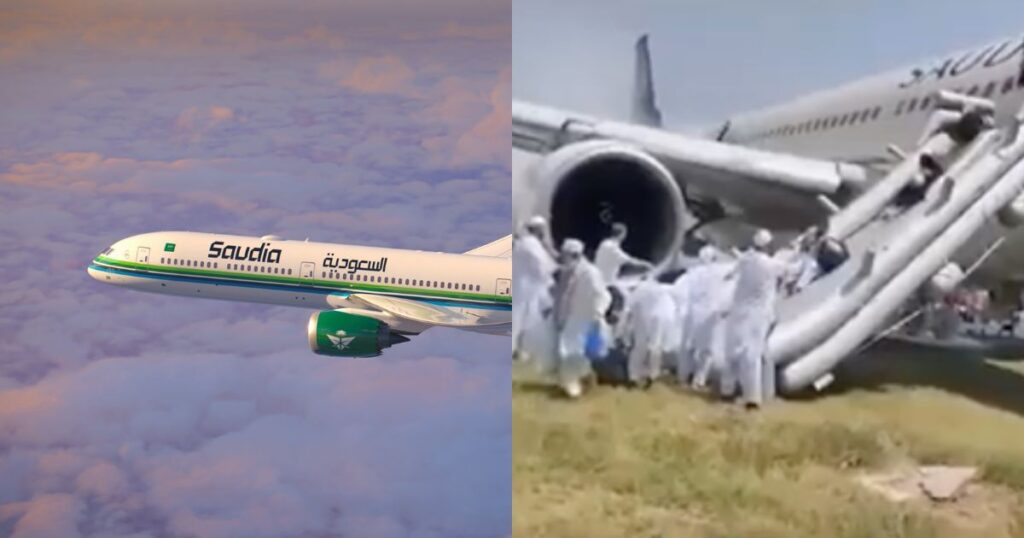 Terrifying Moments on Saudia Flight as Passenger Arrested for Assaulting Crew After Landing. left- @LifeSaudiArabia|X) and ( right- NewsBOT|YouTube).