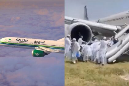 Terrifying Moments on Saudia Flight as Passenger Arrested for Assaulting Crew After Landing. left- @LifeSaudiArabia|X) and ( right- NewsBOT|YouTube).