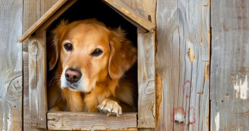 A 15-year-old golden retriever sits behind a kennel door
