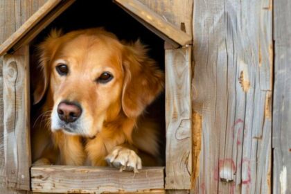 A 15-year-old golden retriever sits behind a kennel door