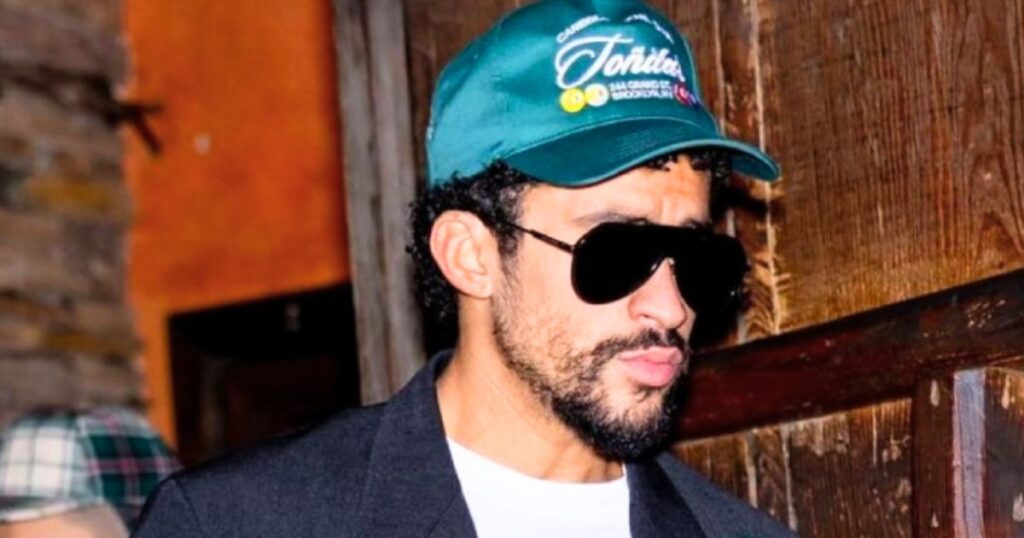 Bad Bunny strolling into the SNL afterparty in style