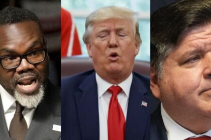 Brandon Johnson, (@EricLDaugh|X.com) Donald Trump (@RedEagleUpdates|X.com) and JB Pritzker (@EricLDaugh|X.com).