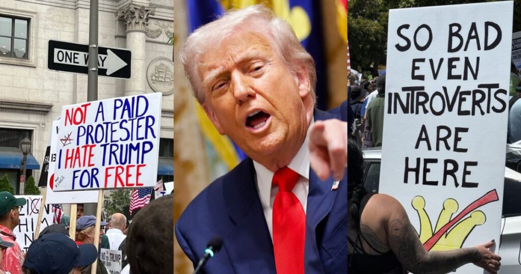 Crowds of anti-Donald Trump protesters waving satirical “No Kings” signs at nationwide rallies