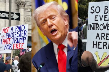 Crowds of anti-Donald Trump protesters waving satirical “No Kings” signs at nationwide rallies