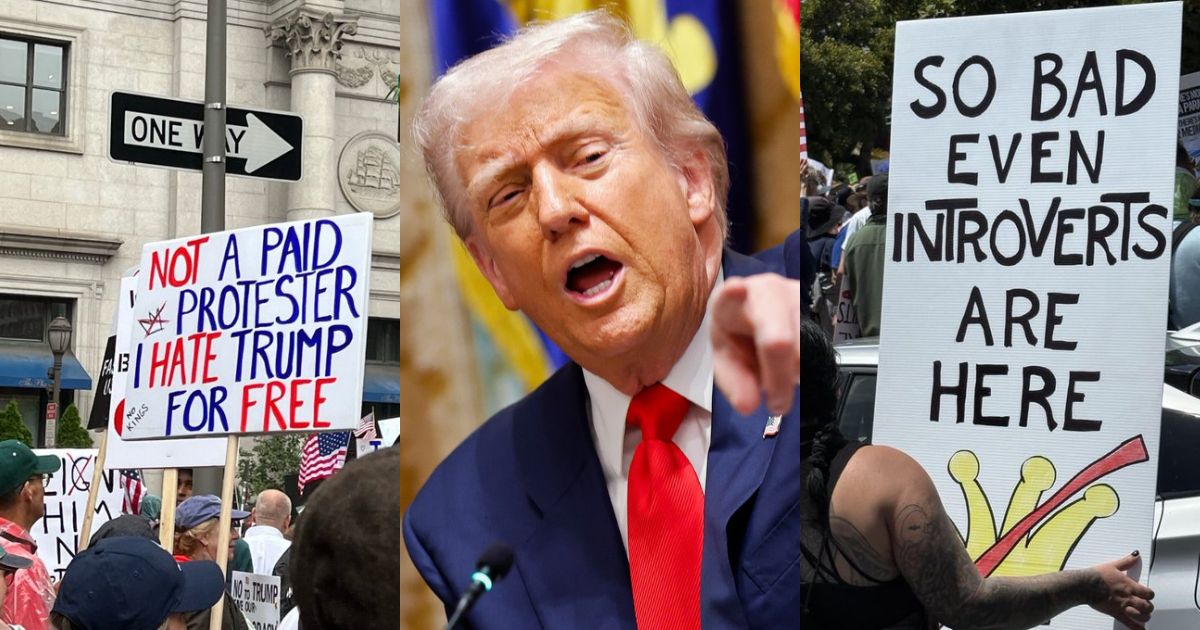 Crowds of anti-Donald Trump protesters waving satirical “No Kings” signs at nationwide rallies