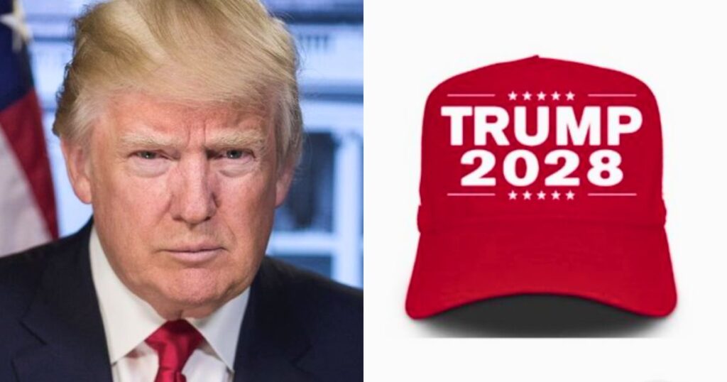 Donald Trump is meeting with lawmakers at the White House, with “Trump 2028” hats being sold on his website