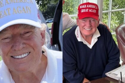 Donald Trump without his iconic fake tan and wig (left- @patriottakes|X.com) and (right- @patriottakes|X.com).