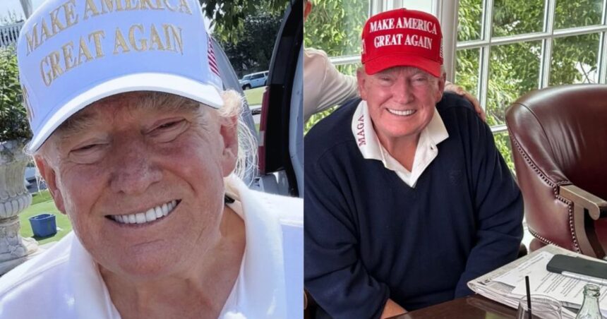 Donald Trump without his iconic fake tan and wig (left- @patriottakes|X.com) and (right- @patriottakes|X.com).