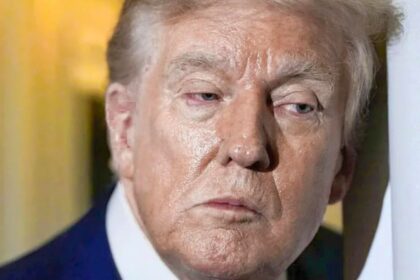 Edited photo showing Donald Trump with his natural pale skin tone instead of his usual orange tan.