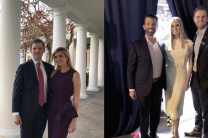 (L) Eric Trump and Ivanka Trump. (R) From left: Donald Trump Jr., Ivanka Trump, and Eric Trump. Source: @EricTrump via X.com
