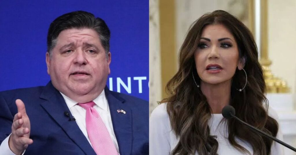Governor JB Pritzker and Homeland Security Secretary Kristi Noem. (left- @CalltoActivism|X.com).and (right- @Victoria00025|X.com).