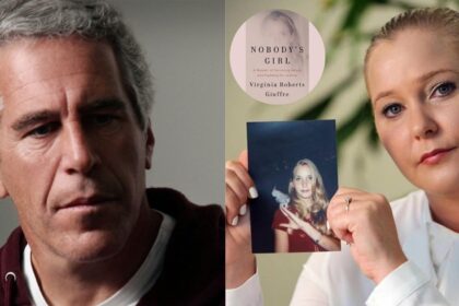 Jeffrey Epstein and Virginia Giuffre ( left-@MarioNawfal|X.com) and ( right- via.heute.at). ( picture of the book from: (@Fly_Sistah|X.com).
